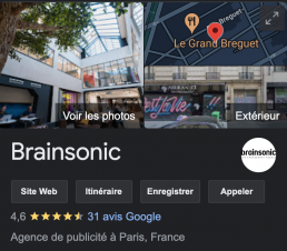 Fiche Google My Business de Brainsonic (agence de pub)